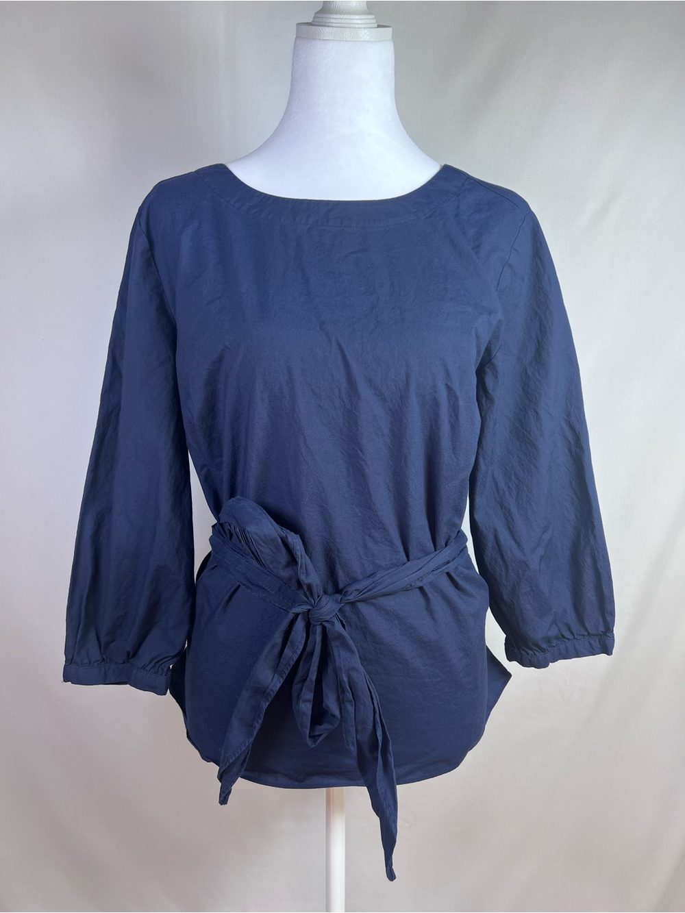 Ann Taylor Factory Navy Waist Tie Three-Quarter Sleeve Back-V Blouse